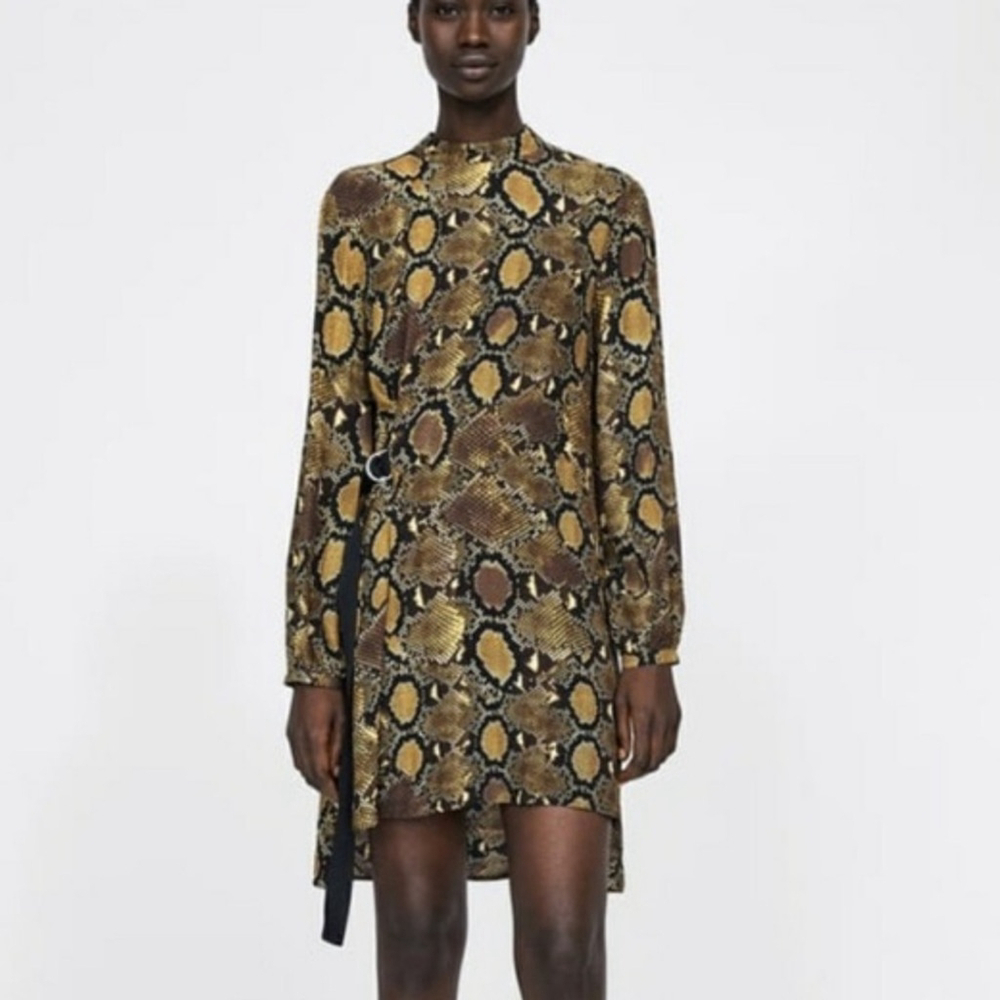 Zara Snake Animal Print Dress Round Neck Bow Waist Tie Long Sleeve